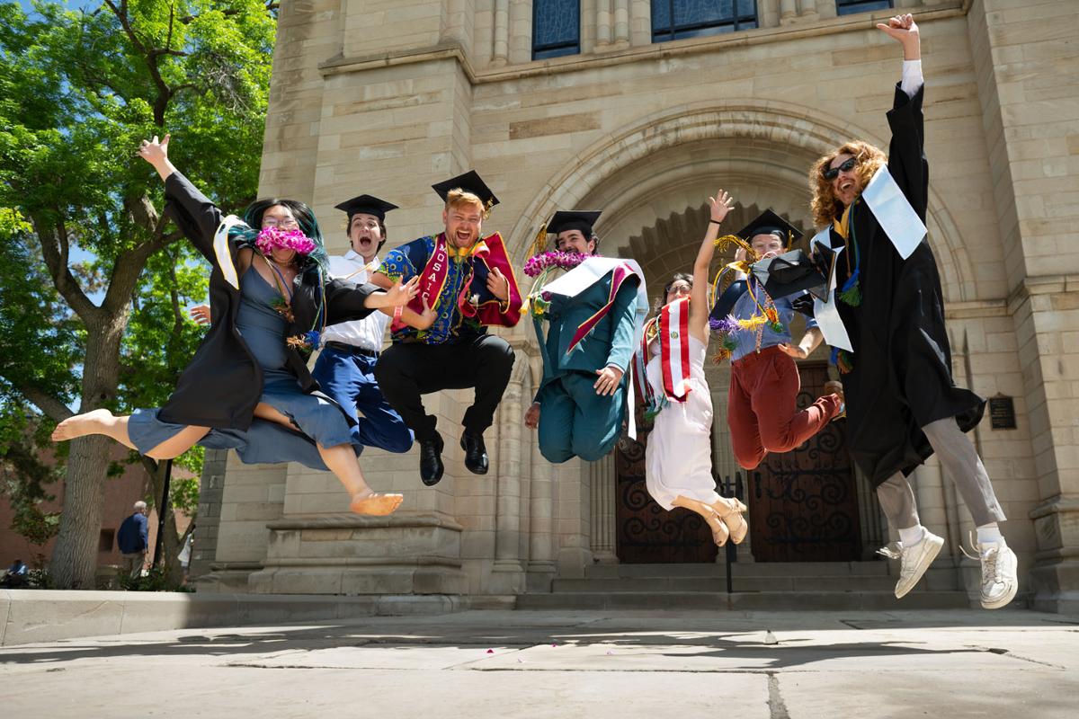 New graduates celebrate following Commencement for the Colorado College Class of 2023 Sunday, May 28, 2023 in Ed Robson Arena on the CC campus. Photo by Mark Reis